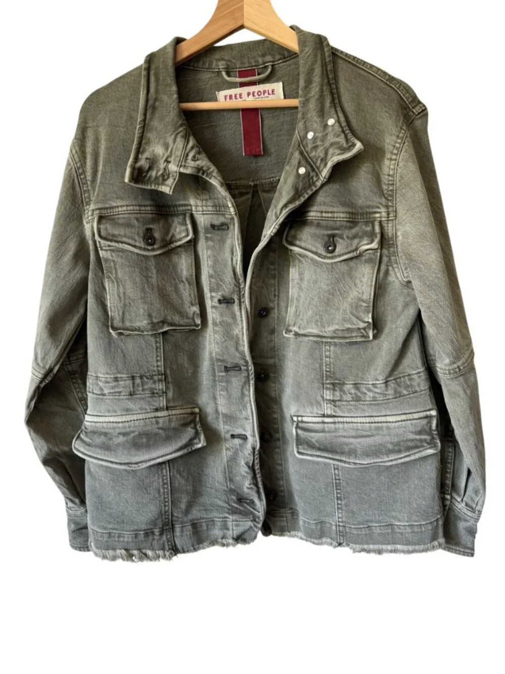 Free People Harley Military Shacket Utility Distressed Pockets Frayed Hem Sm - Picture 3 of 16